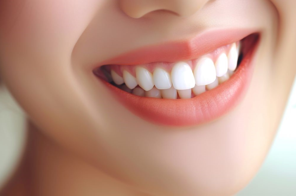 ホワイトニングで理想的な白い歯になり、笑顔を見せる女性