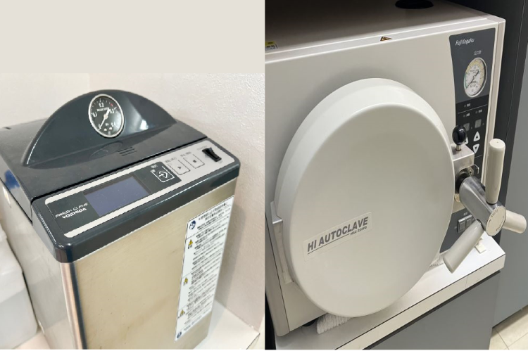 治療器具を徹底的に滅菌処理するための高圧蒸気滅菌器（オートクレーブ）とハンドピース用滅菌器